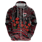 St Kilda Saints ANZAC Day Zip Hoodie Indigenous Dot Art with Poppy Flower Tribute