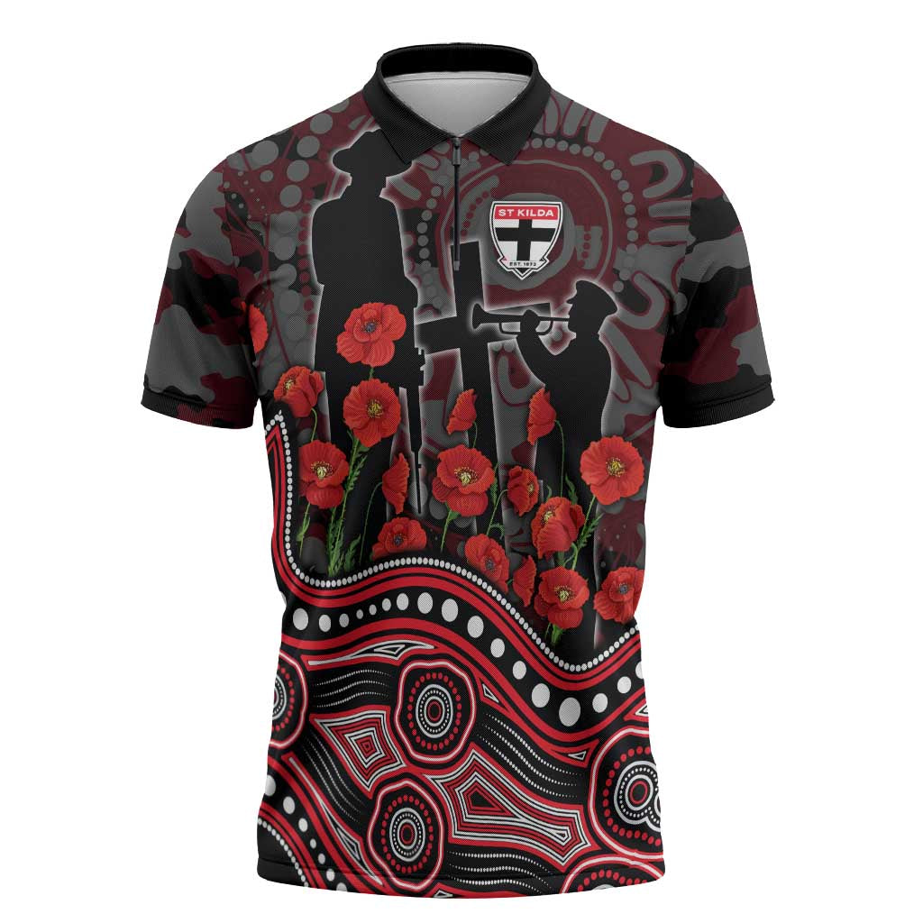 St Kilda Saints ANZAC Day Zipper Polo Shirt Indigenous Dot Art with Poppy Flower Tribute