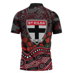 St Kilda Saints ANZAC Day Zipper Polo Shirt Indigenous Dot Art with Poppy Flower Tribute