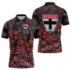 St Kilda Saints ANZAC Day Zipper Polo Shirt Indigenous Dot Art with Poppy Flower Tribute