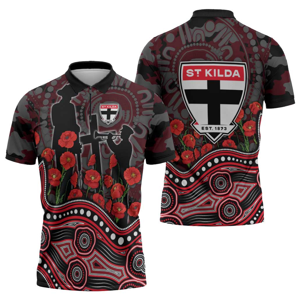 St Kilda Saints ANZAC Day Zipper Polo Shirt Indigenous Dot Art with Poppy Flower Tribute