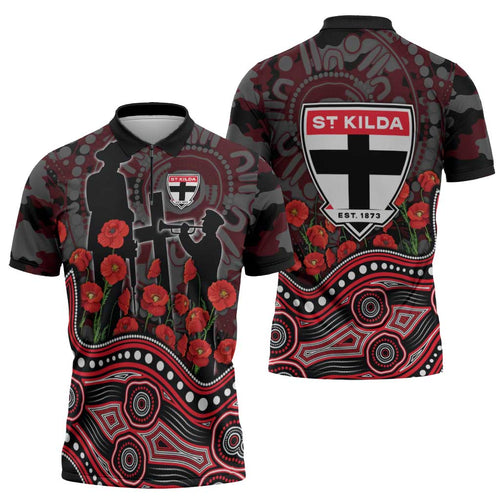St Kilda Saints ANZAC Day Zipper Polo Shirt Indigenous Dot Art with Poppy Flower Tribute
