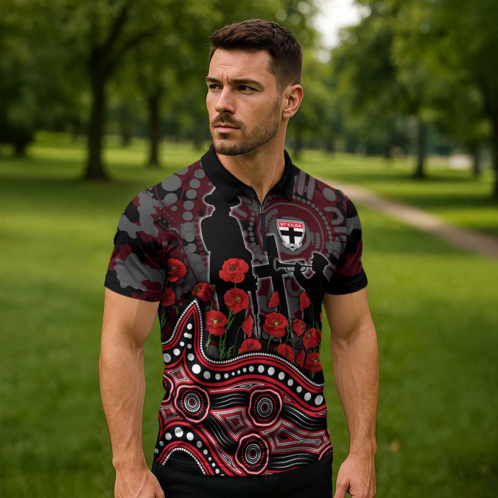 St Kilda Saints ANZAC Day Zipper Polo Shirt Indigenous Dot Art with Poppy Flower Tribute