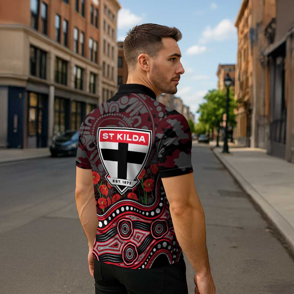 St Kilda Saints ANZAC Day Zipper Polo Shirt Indigenous Dot Art with Poppy Flower Tribute