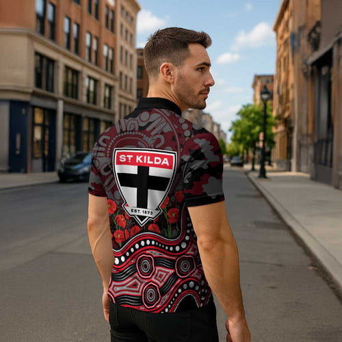 St Kilda Saints ANZAC Day Zipper Polo Shirt Indigenous Dot Art with Poppy Flower Tribute