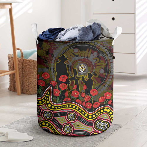 Richmond Tigers ANZAC Day Laundry Basket Indigenous Dot Art with Poppy Flower Tribute
