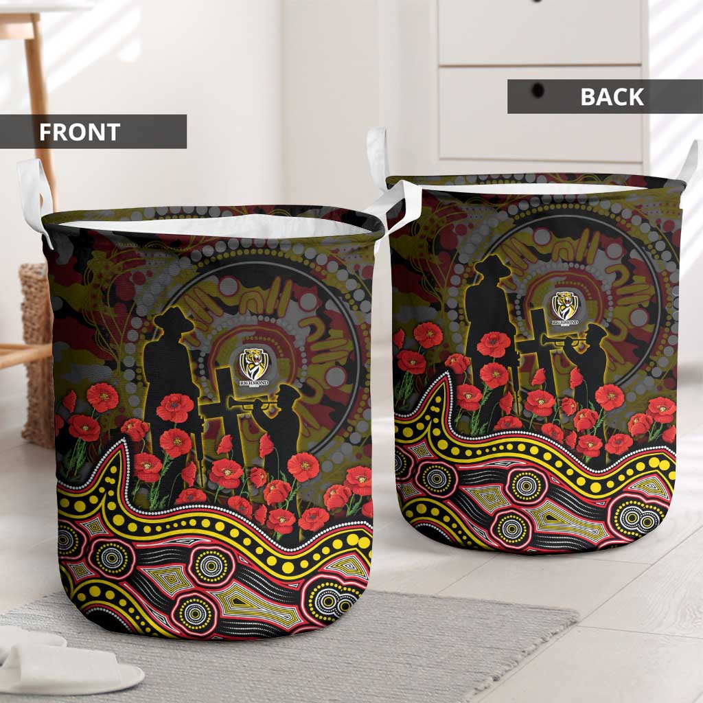 Richmond Tigers ANZAC Day Laundry Basket Indigenous Dot Art with Poppy Flower Tribute