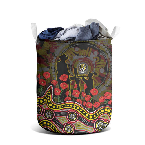 Richmond Tigers ANZAC Day Laundry Basket Indigenous Dot Art with Poppy Flower Tribute