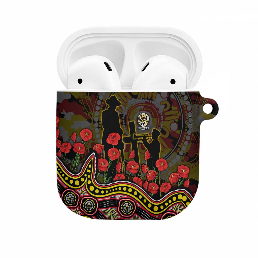 Richmond Tigers ANZAC Day AirPods Case Indigenous Dot Art with Poppy Flower Tribute