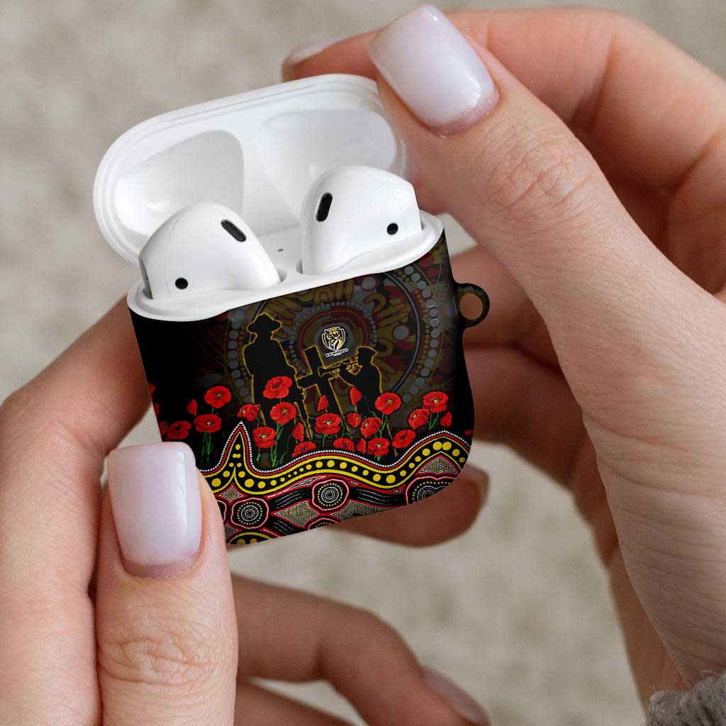 Richmond Tigers ANZAC Day AirPods Case Indigenous Dot Art with Poppy Flower Tribute