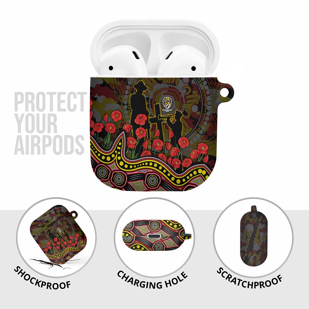 Richmond Tigers ANZAC Day AirPods Case Indigenous Dot Art with Poppy Flower Tribute