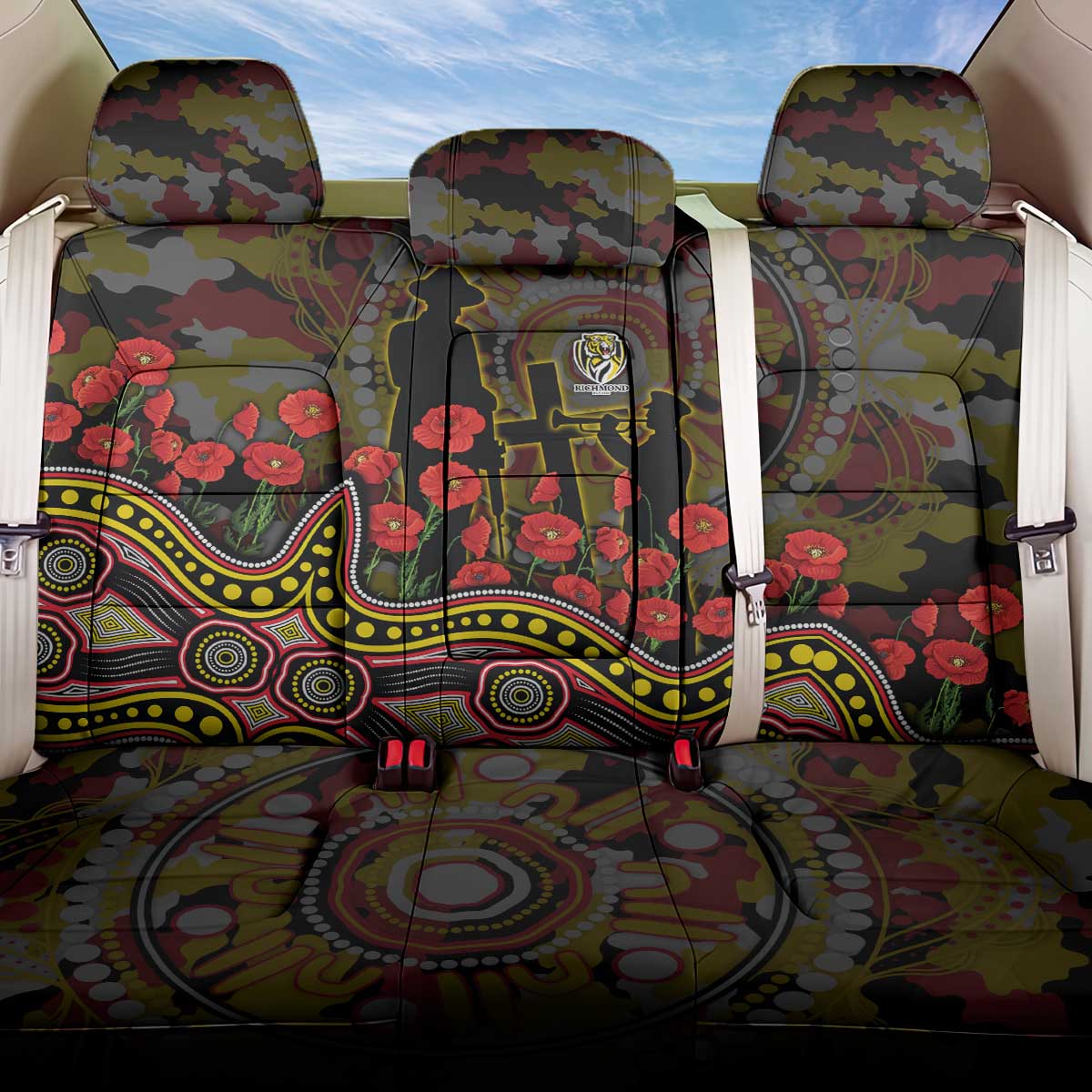 Richmond Tigers ANZAC Day Back Car Seat Cover Indigenous Dot Art with Poppy Flower Tribute