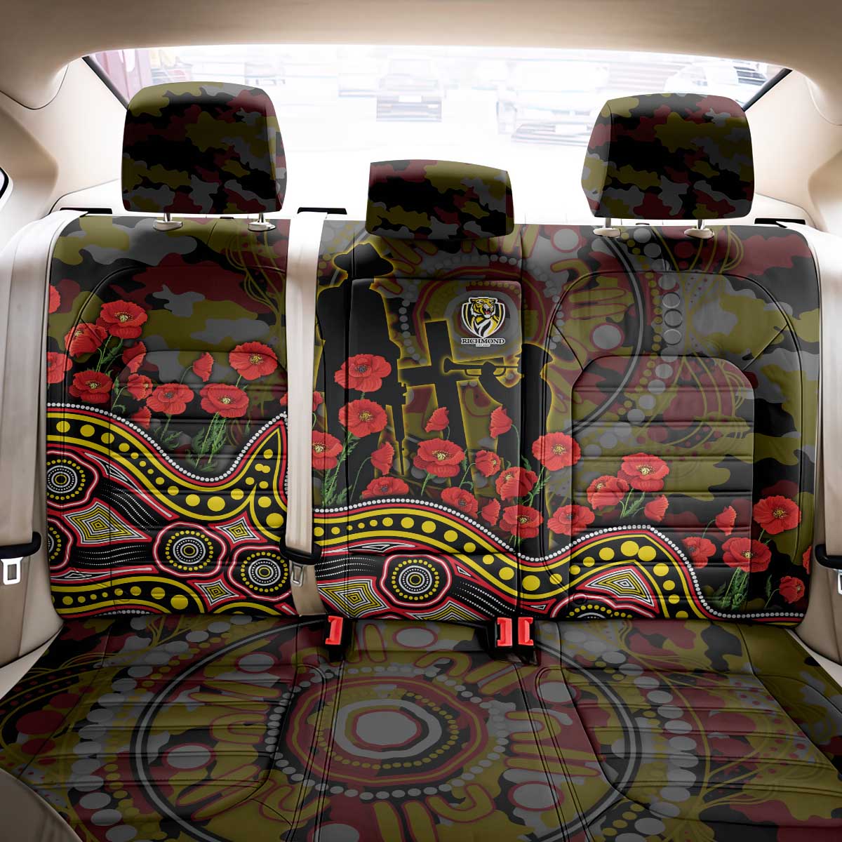Richmond Tigers ANZAC Day Back Car Seat Cover Indigenous Dot Art with Poppy Flower Tribute