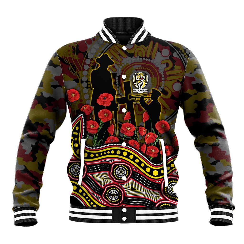Richmond Tigers ANZAC Day Baseball Jacket Indigenous Dot Art with Poppy Flower Tribute