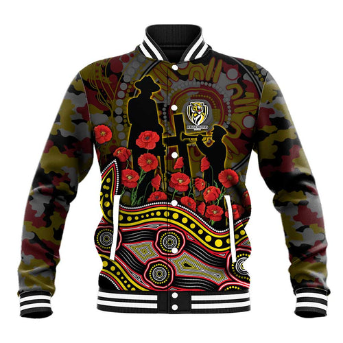 Richmond Tigers ANZAC Day Baseball Jacket Indigenous Dot Art with Poppy Flower Tribute