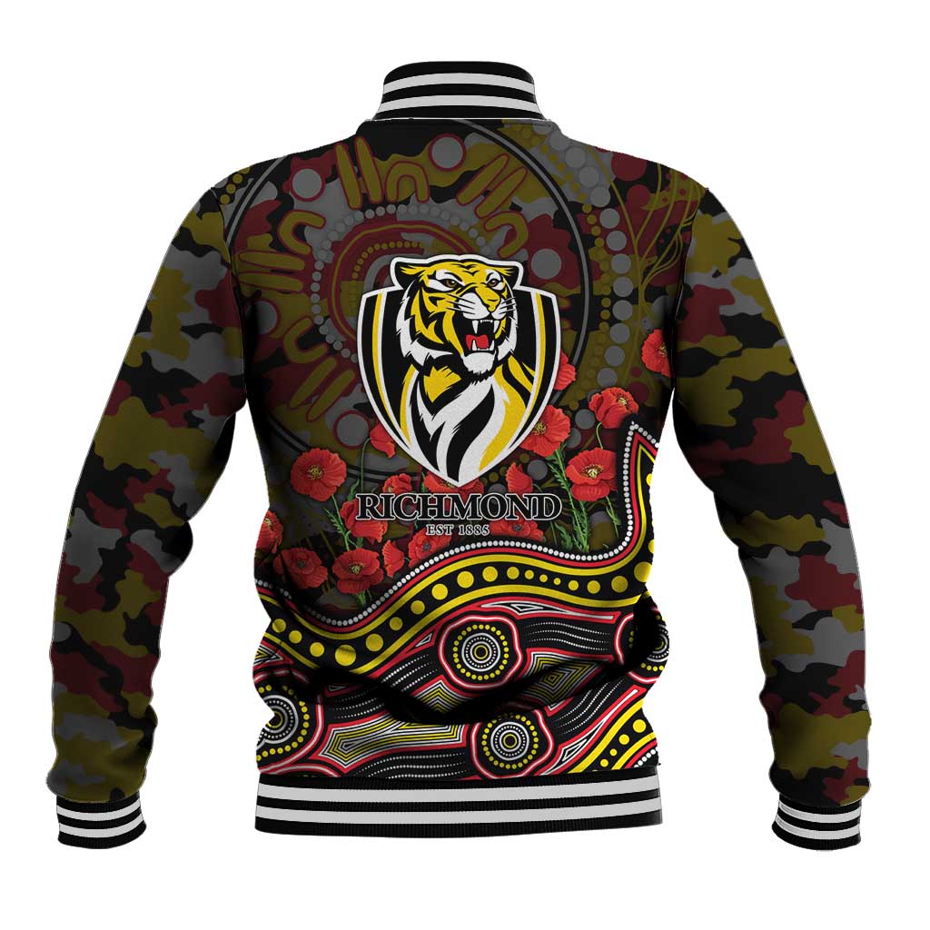 Richmond Tigers ANZAC Day Baseball Jacket Indigenous Dot Art with Poppy Flower Tribute
