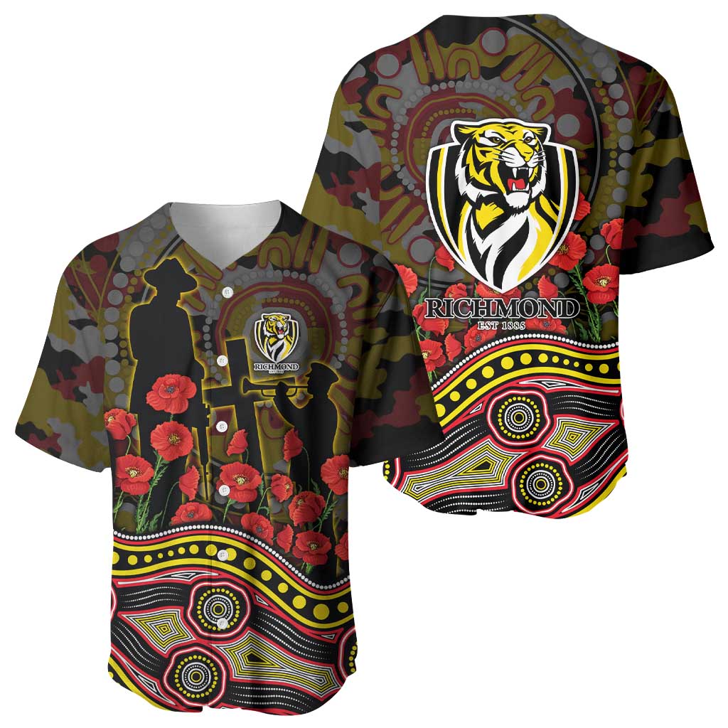 Richmond Tigers ANZAC Day Baseball Jersey Indigenous Dot Art with Poppy Flower Tribute