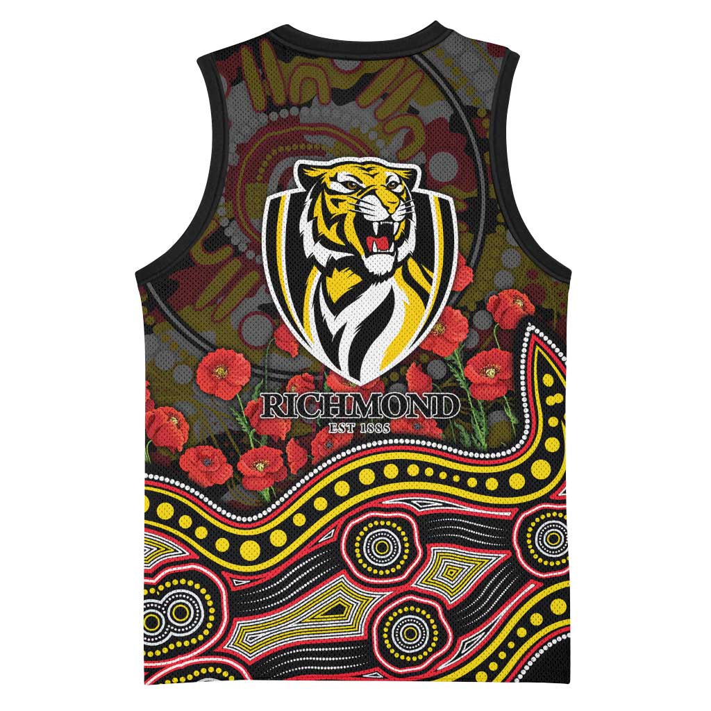 Richmond Tigers ANZAC Day Basketball Jersey Indigenous Dot Art with Poppy Flower Tribute