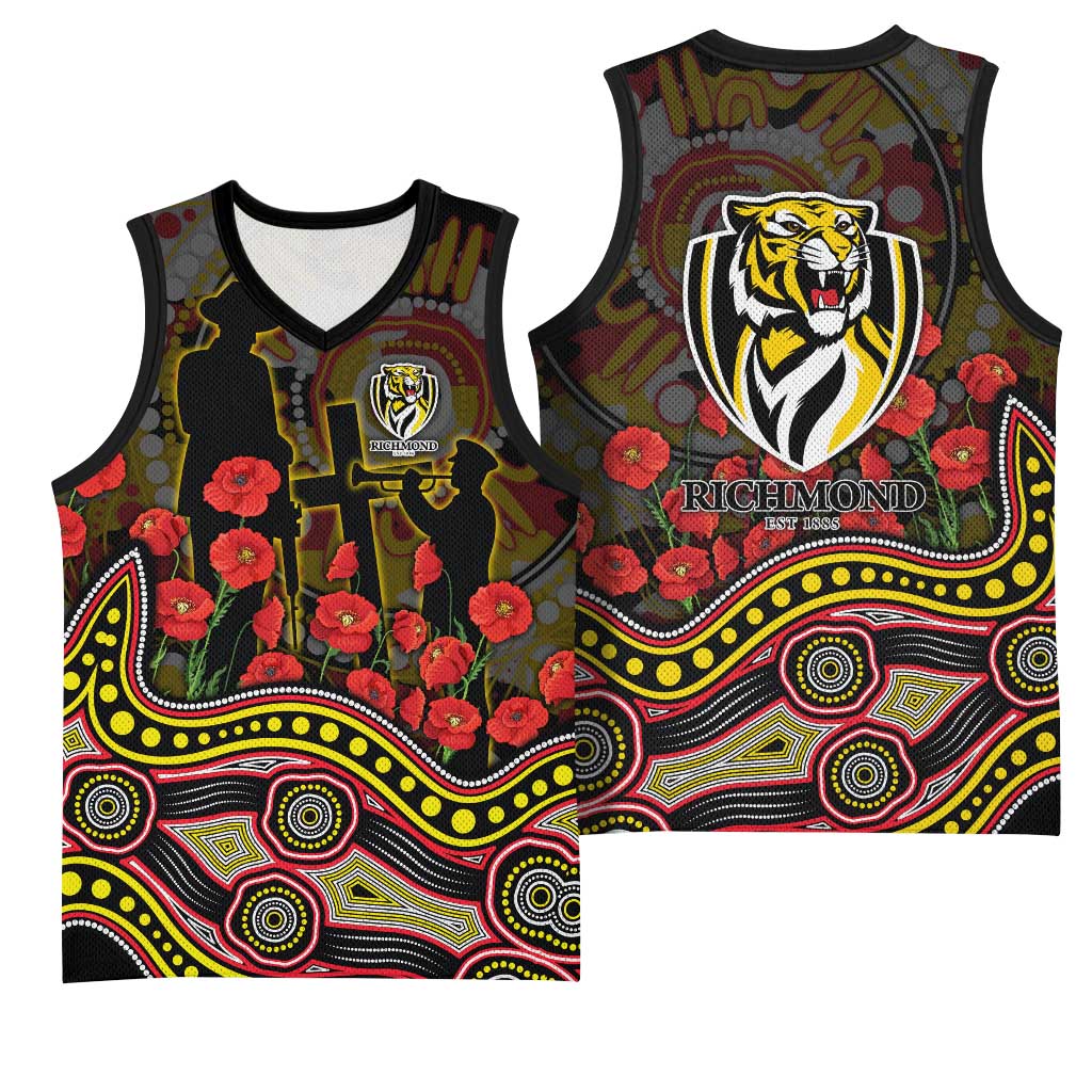 Richmond Tigers ANZAC Day Basketball Jersey Indigenous Dot Art with Poppy Flower Tribute