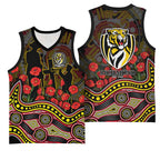 Richmond Tigers ANZAC Day Basketball Jersey Indigenous Dot Art with Poppy Flower Tribute