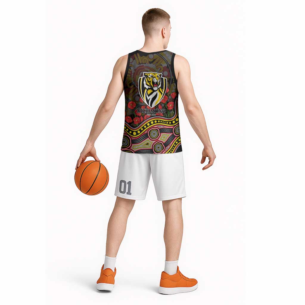 Richmond Tigers ANZAC Day Basketball Jersey Indigenous Dot Art with Poppy Flower Tribute