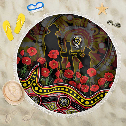 Richmond Tigers ANZAC Day Beach Blanket Indigenous Dot Art with Poppy Flower Tribute