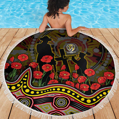 Richmond Tigers ANZAC Day Beach Blanket Indigenous Dot Art with Poppy Flower Tribute