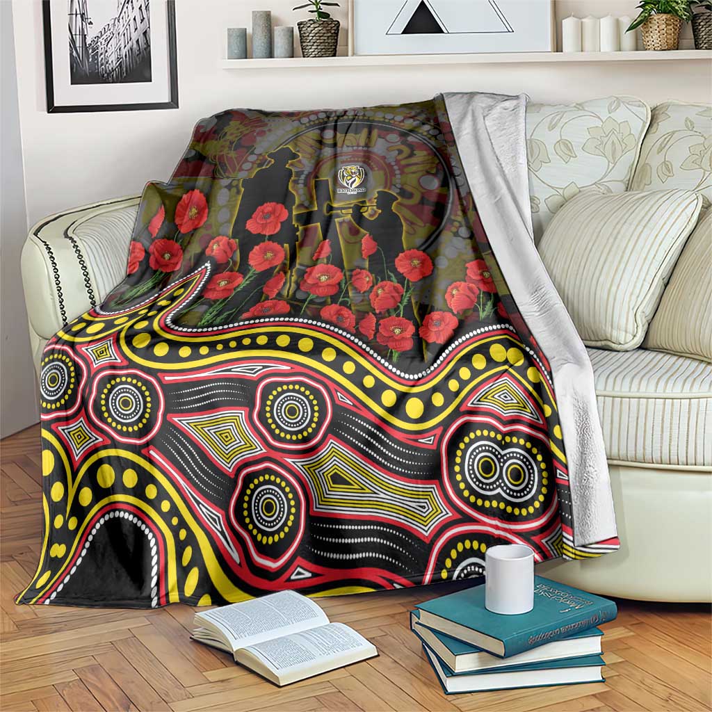 Richmond Tigers ANZAC Day Blanket Indigenous Dot Art with Poppy Flower Tribute