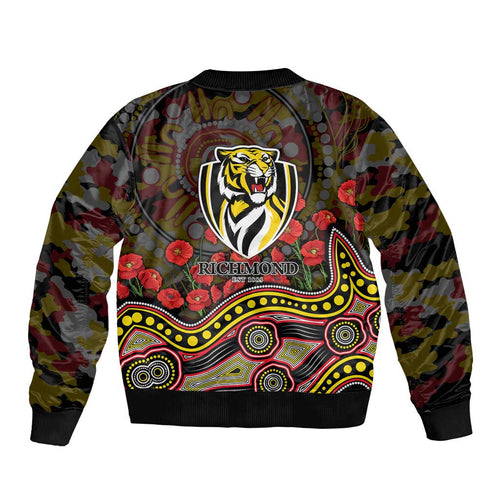 Richmond Tigers ANZAC Day Bomber Jacket Indigenous Dot Art with Poppy Flower Tribute