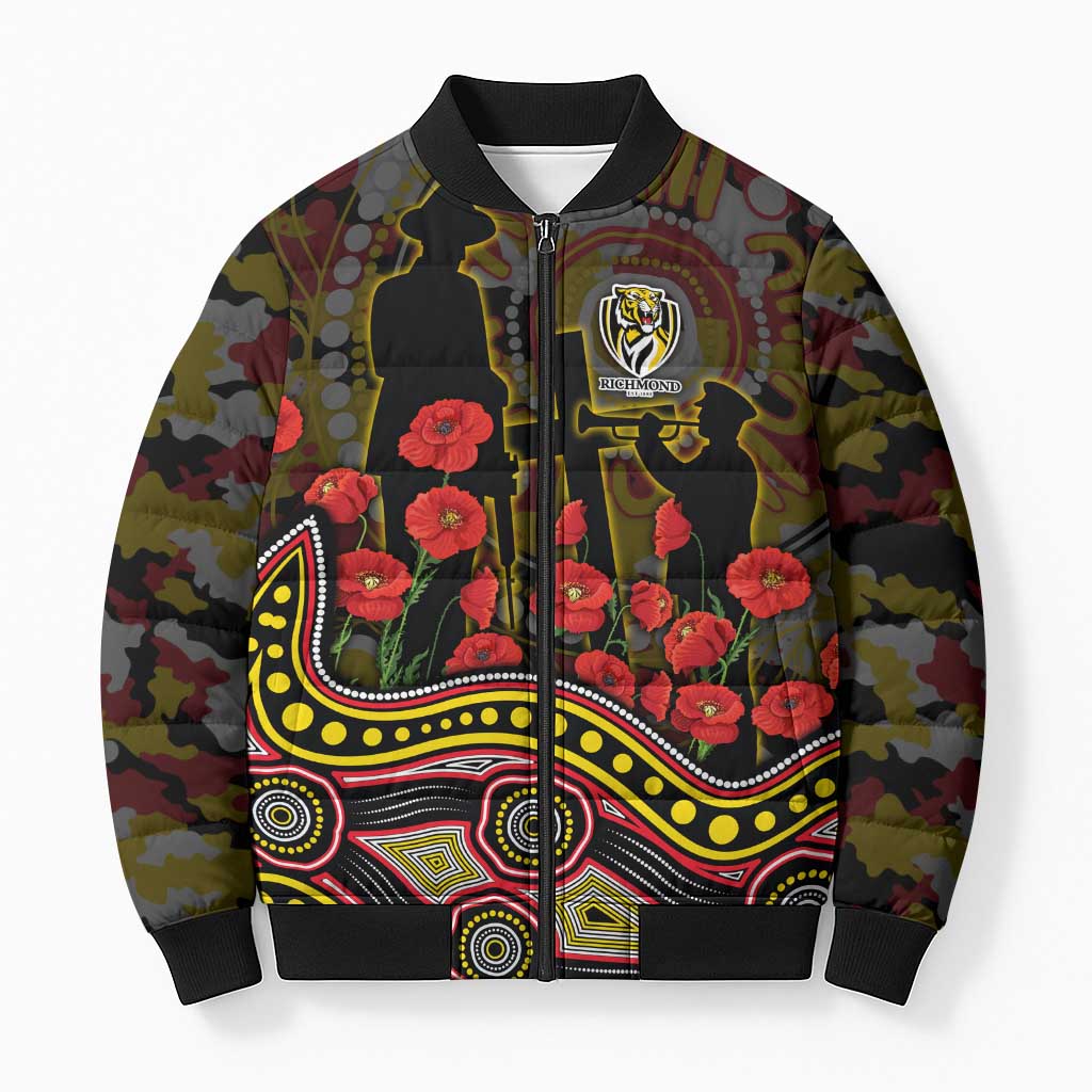 Richmond Tigers ANZAC Day Bomber Puffer Jacket Indigenous Dot Art with Poppy Flower Tribute