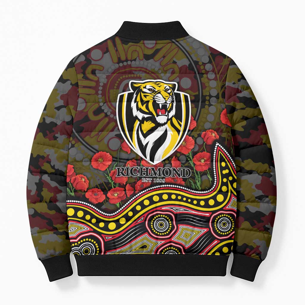 Richmond Tigers ANZAC Day Bomber Puffer Jacket Indigenous Dot Art with Poppy Flower Tribute