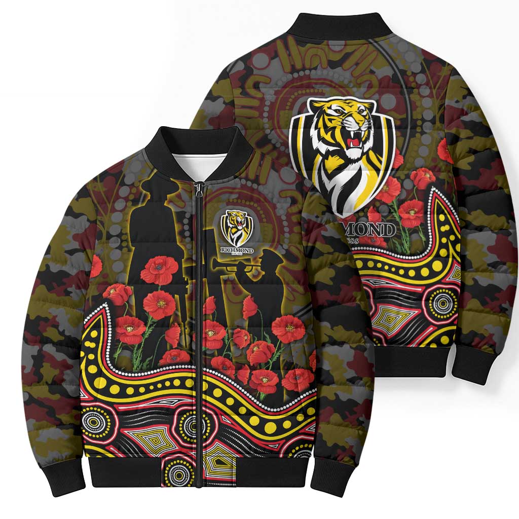 Richmond Tigers ANZAC Day Bomber Puffer Jacket Indigenous Dot Art with Poppy Flower Tribute