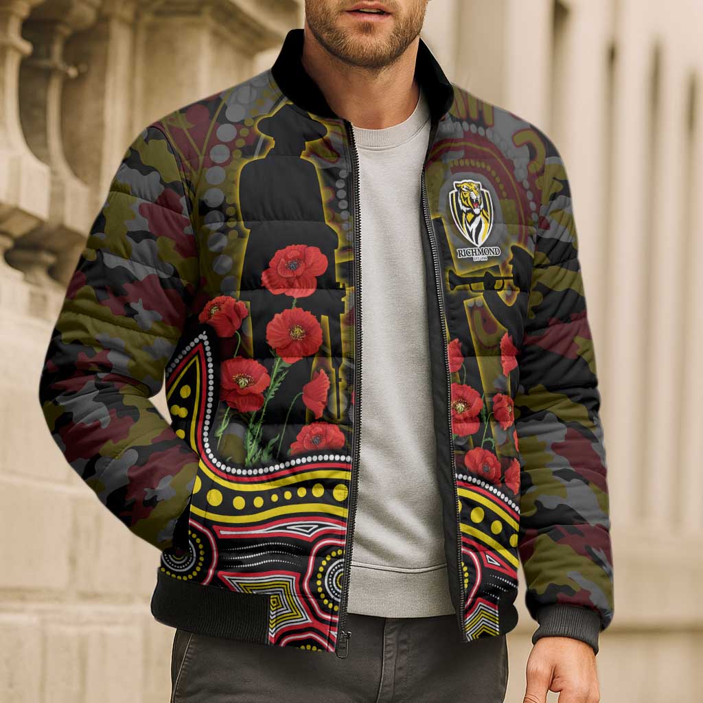 Richmond Tigers ANZAC Day Bomber Puffer Jacket Indigenous Dot Art with Poppy Flower Tribute