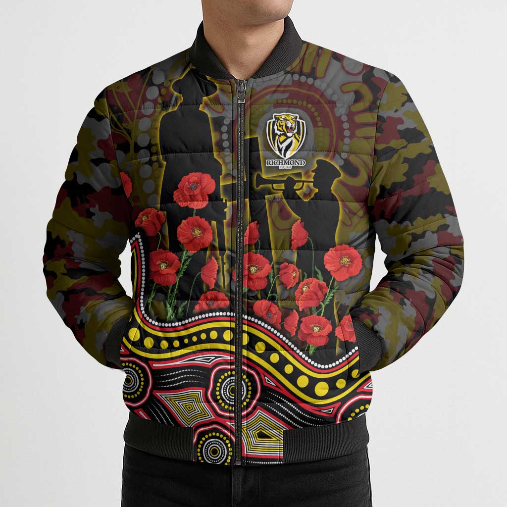 Richmond Tigers ANZAC Day Bomber Puffer Jacket Indigenous Dot Art with Poppy Flower Tribute