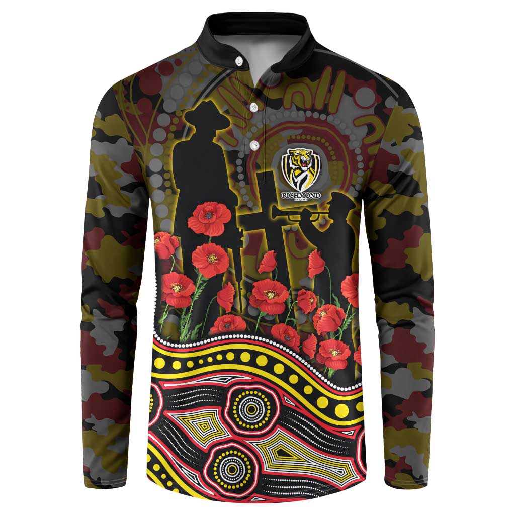 Richmond Tigers ANZAC Day Button Sweatshirt Indigenous Dot Art with Poppy Flower Tribute
