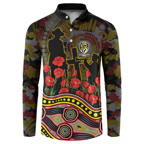 Richmond Tigers ANZAC Day Button Sweatshirt Indigenous Dot Art with Poppy Flower Tribute