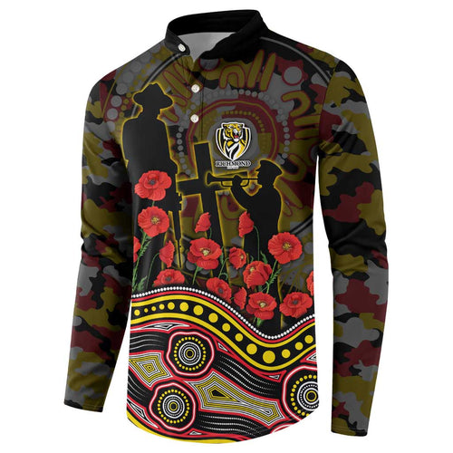 Richmond Tigers ANZAC Day Button Sweatshirt Indigenous Dot Art with Poppy Flower Tribute