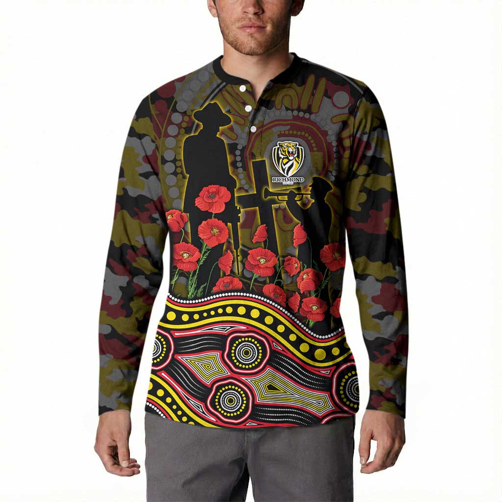 Richmond Tigers ANZAC Day Button Sweatshirt Indigenous Dot Art with Poppy Flower Tribute
