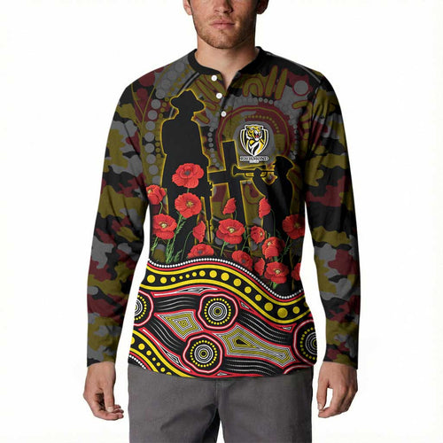 Richmond Tigers ANZAC Day Button Sweatshirt Indigenous Dot Art with Poppy Flower Tribute