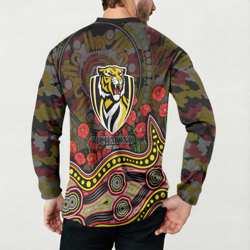 Richmond Tigers ANZAC Day Button Sweatshirt Indigenous Dot Art with Poppy Flower Tribute