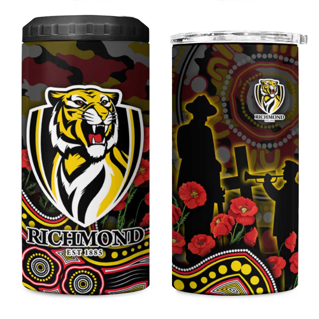 Richmond Tigers ANZAC Day 4 in 1 Can Cooler Tumbler Indigenous Dot Art with Poppy Flower Tribute