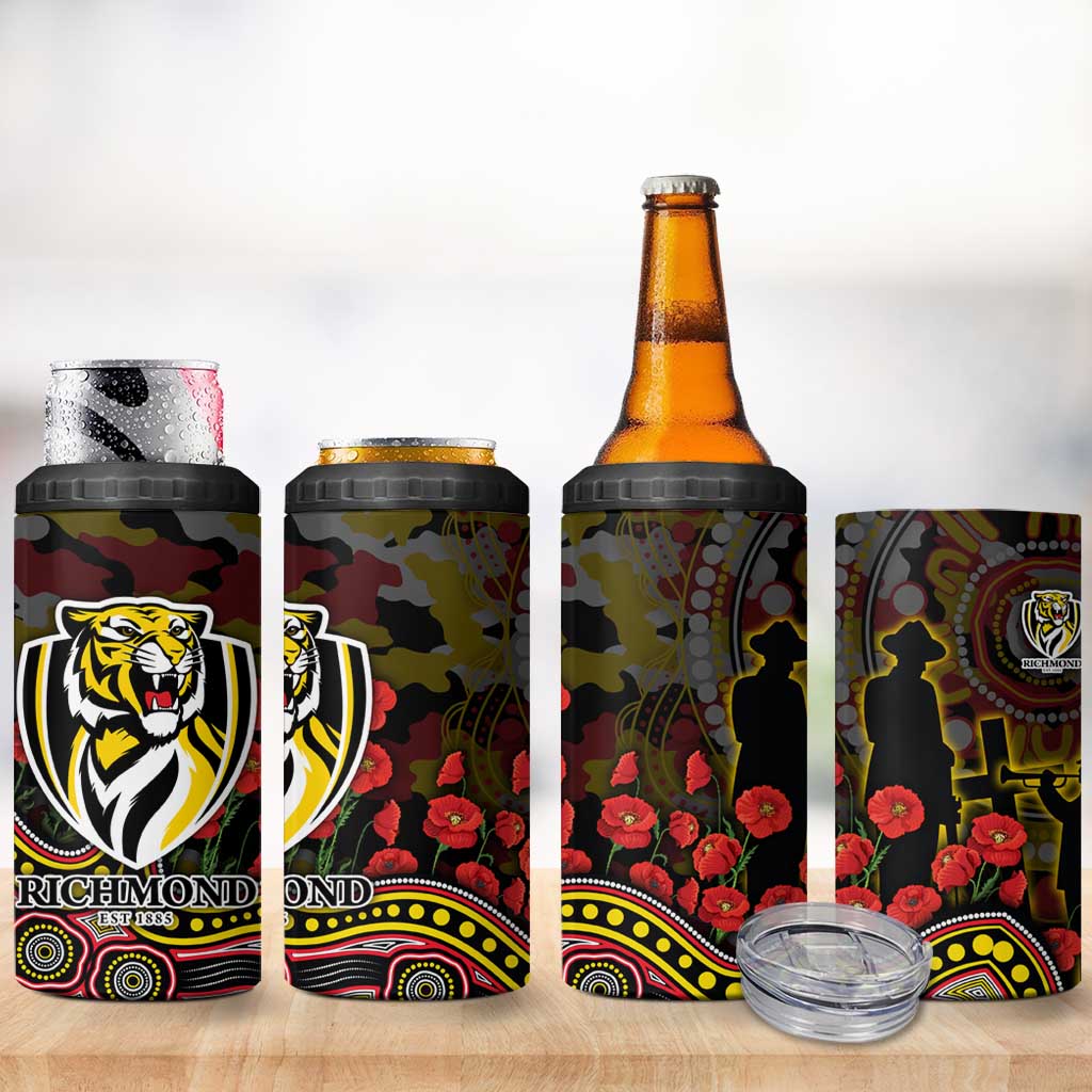 Richmond Tigers ANZAC Day 4 in 1 Can Cooler Tumbler Indigenous Dot Art with Poppy Flower Tribute
