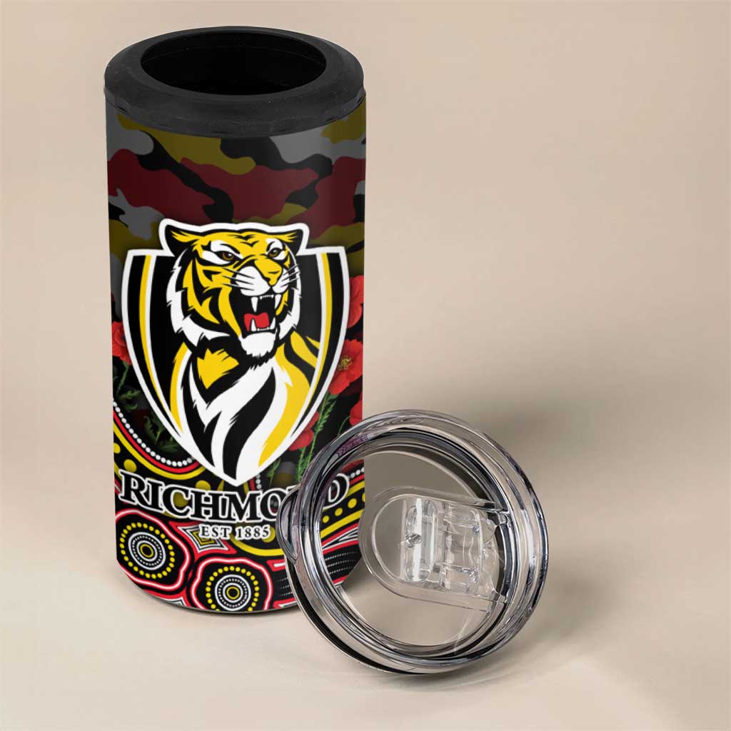 Richmond Tigers ANZAC Day 4 in 1 Can Cooler Tumbler Indigenous Dot Art with Poppy Flower Tribute