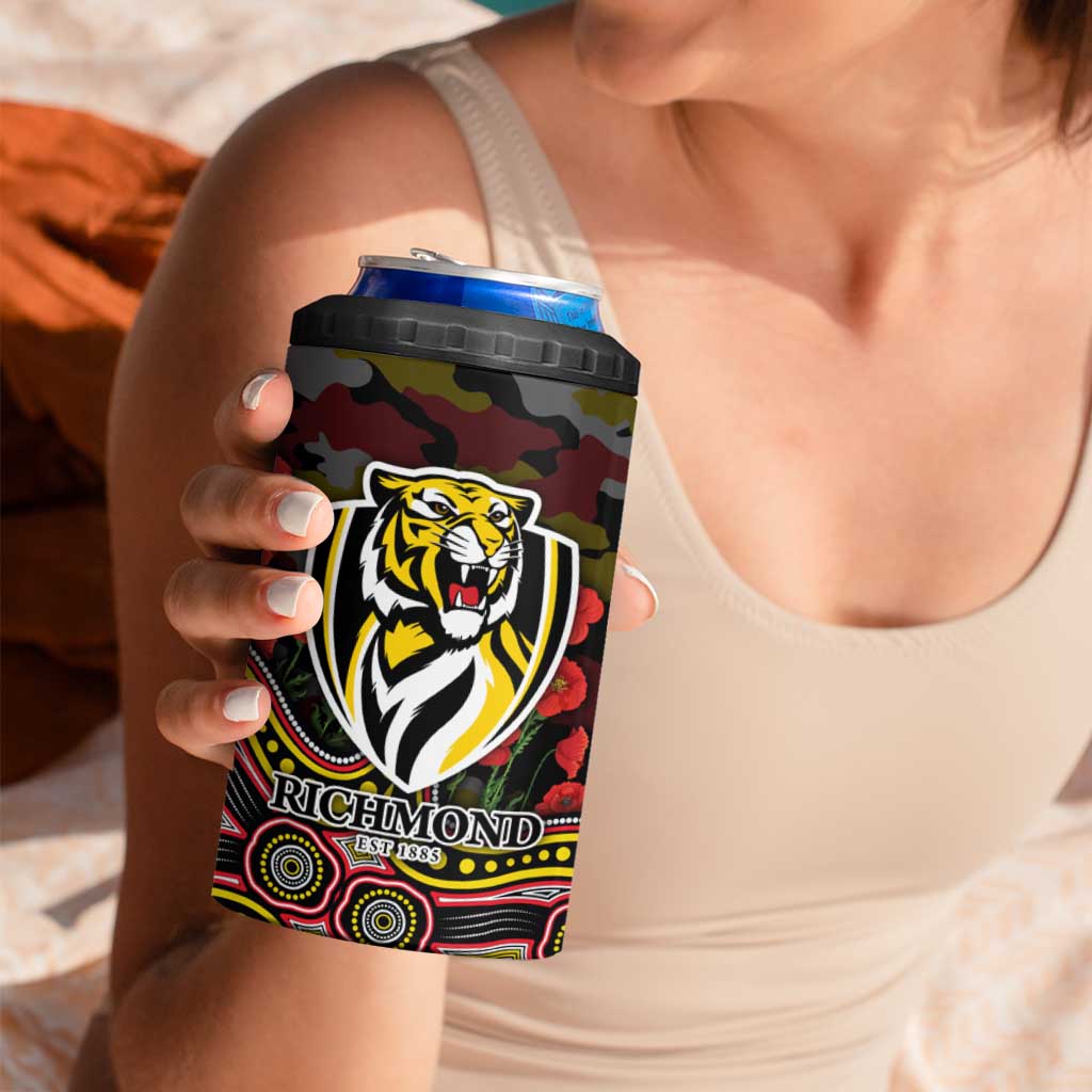 Richmond Tigers ANZAC Day 4 in 1 Can Cooler Tumbler Indigenous Dot Art with Poppy Flower Tribute