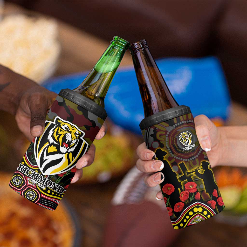 Richmond Tigers ANZAC Day 4 in 1 Can Cooler Tumbler Indigenous Dot Art with Poppy Flower Tribute