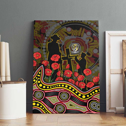 Richmond Tigers ANZAC Day Canvas Wall Art Indigenous Dot Art with Poppy Flower Tribute