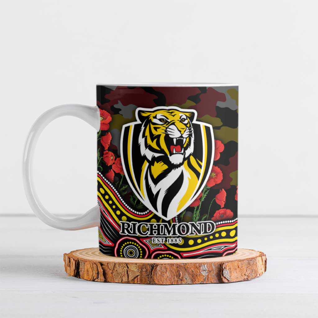 Richmond Tigers ANZAC Day Ceramic Mug Indigenous Dot Art with Poppy Flower Tribute