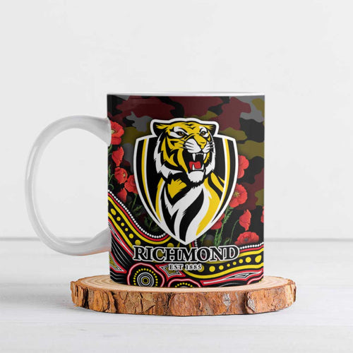 Richmond Tigers ANZAC Day Ceramic Mug Indigenous Dot Art with Poppy Flower Tribute