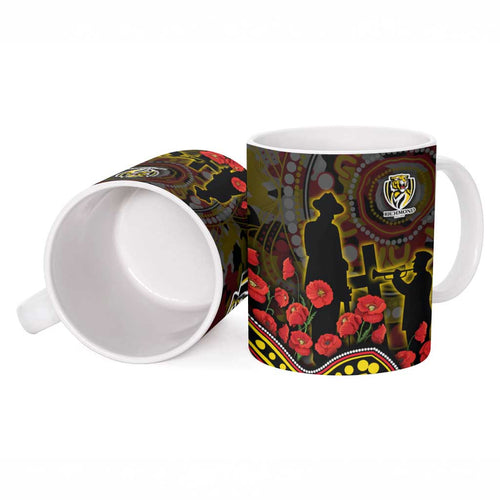 Richmond Tigers ANZAC Day Ceramic Mug Indigenous Dot Art with Poppy Flower Tribute