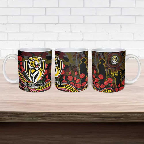 Richmond Tigers ANZAC Day Ceramic Mug Indigenous Dot Art with Poppy Flower Tribute